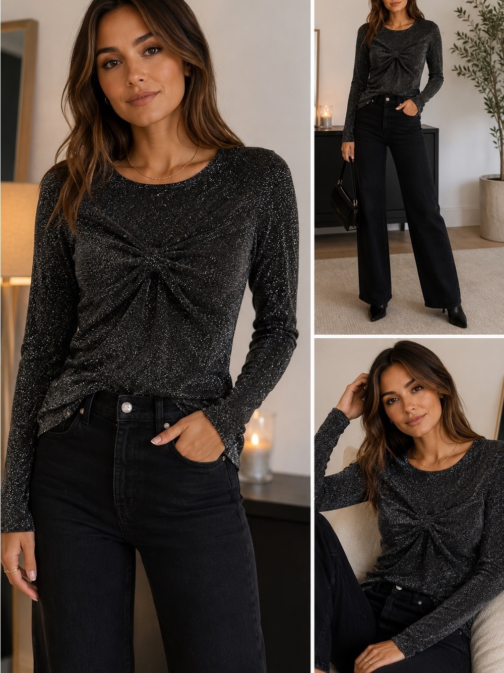 Princess Polly Silver Glitter Long Sleeve Bow Front Y2K Party Top us10
